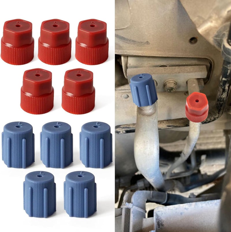 HEVLE 10PCS/Set R134a 13mm & 16mm Air Conditioning Service AC System Charging Port Caps, Automobile Air Conditioning Caps Fit for Most R134A AC System Vehicles, 5 Blue Low Side and 5 Red High Side - Image 1